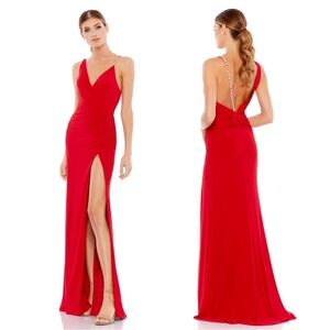 Mac Duggal 26532 Asymmetrical Pearl Strap V-Neck Gown Size 2 Red